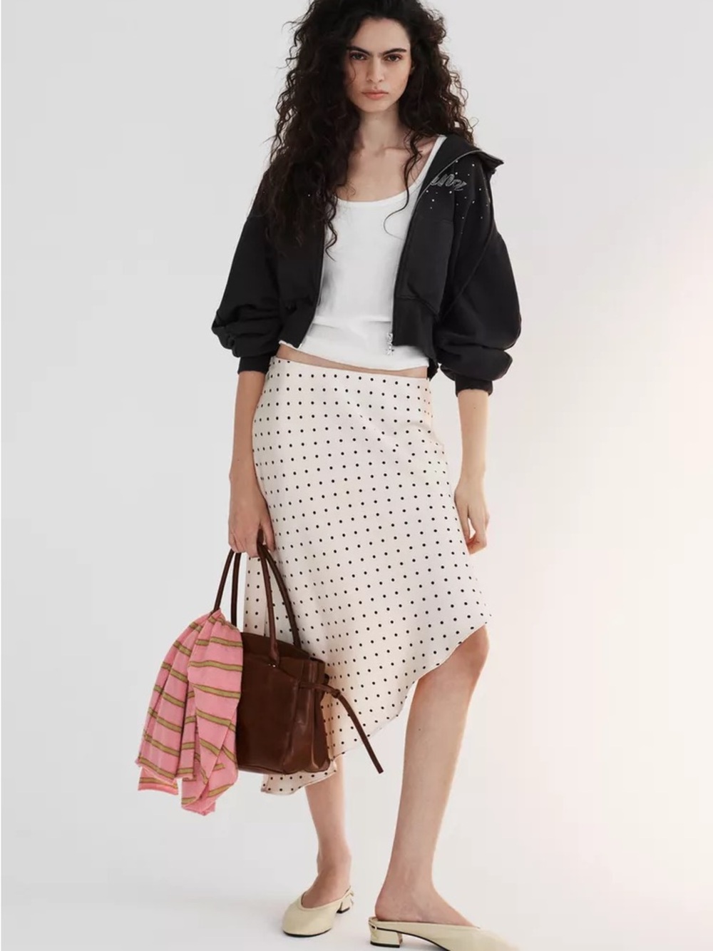 Zara Cream Polka Dot Asymmetric Midi Skirt